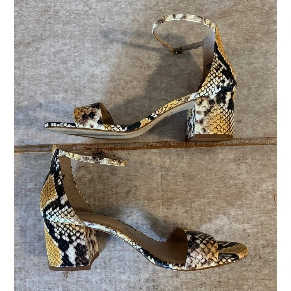 Aldo Block Heel Sandals Women 8.5 Yellow Black Snakeskin Ankle Strap EUC Summer